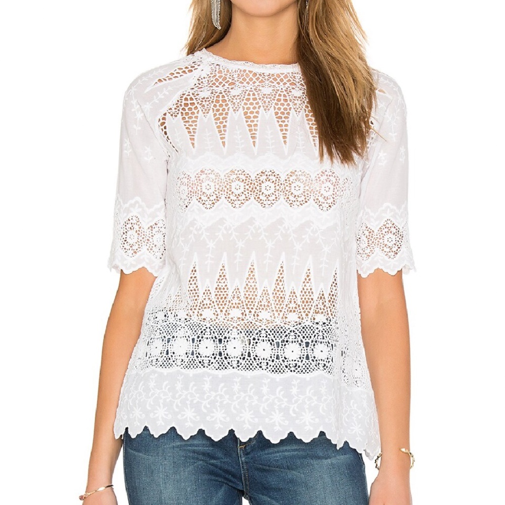 ULLA JOHNSON Sadie Daisy Blouse White Cotton Lace & Eyelet Pop Over Top - 4